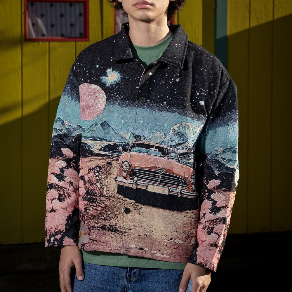 NWT Rebel Vengeance Mens Tapestry‎ Jacket Black Pink Vintage Car Moon Woven Sz M